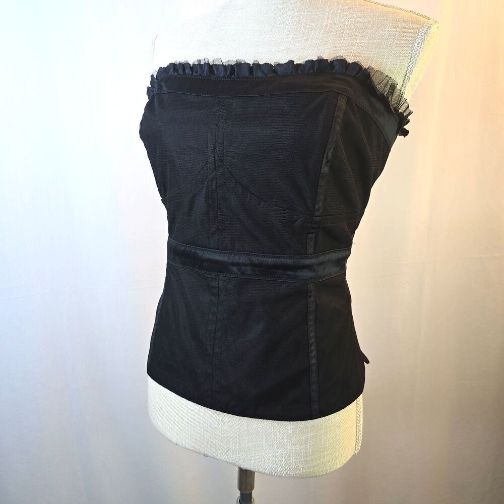 Y2K White House Black Market Strapless Bustier Top Size 14 Black Mesh Satin Trim